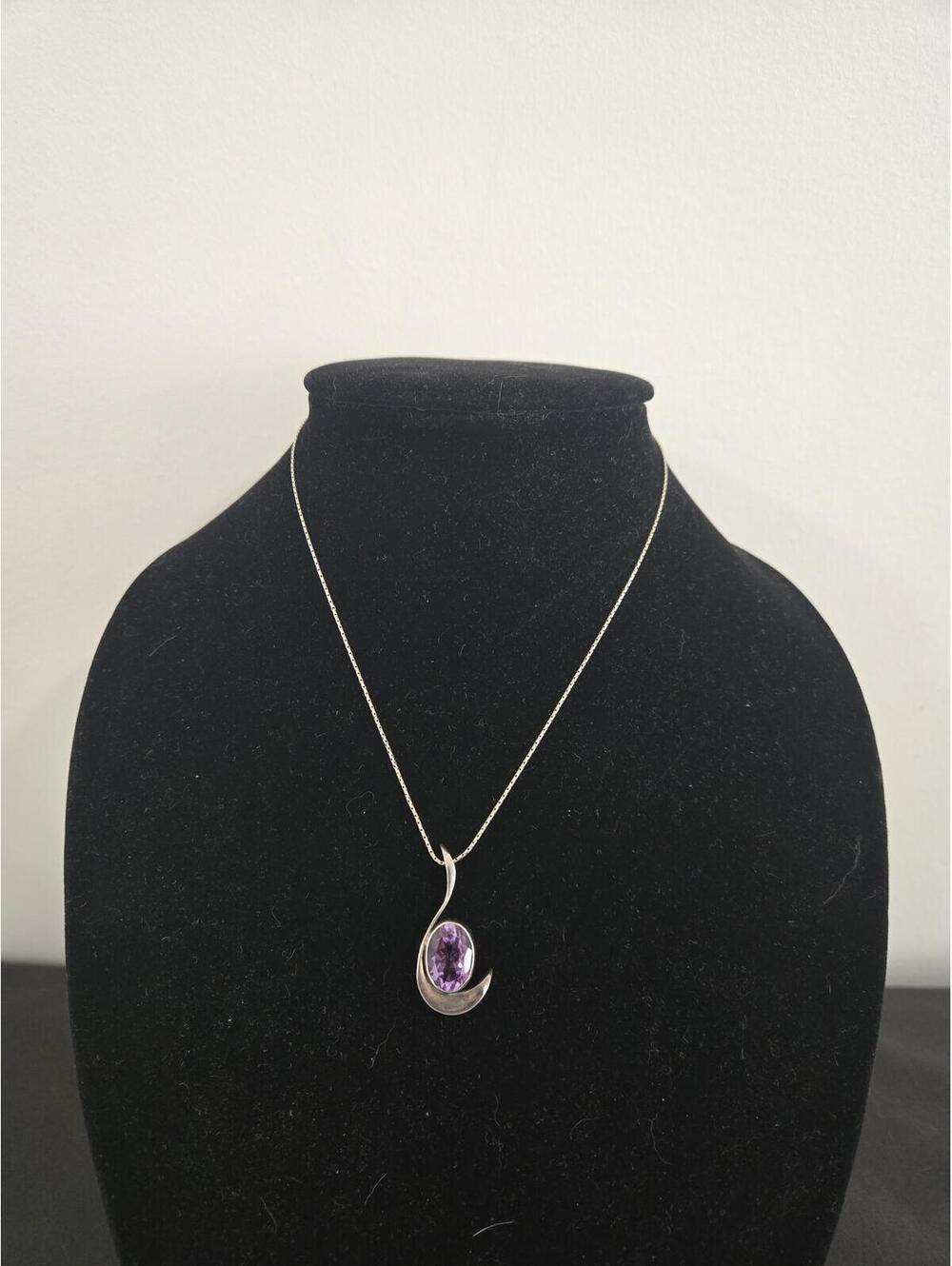 Vintage Sterling Silver Amethyst Necklace Abstract Modernist Pendant 925